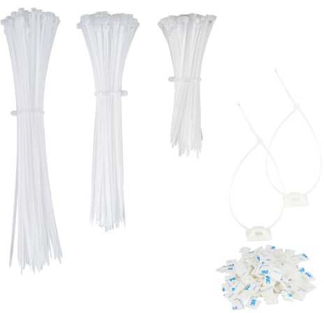 Behiruch 300 Pezzi Fascette Plastica, Bianche Fermacavi Adesivi, 100/150/200mm con 100 Pezzi Ferma Cavi Adesivi, per Cavi per Casa, Elettricista Elettrici E Ufficio Riparazione