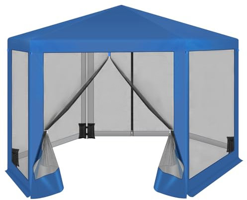 WOLTU Tonnelle de Jardin Extérieur avec Moustiquaire et 4 Sacs de Sable, Pergola de Jardin Extérieur, avec Parois Latérales en Maille, 3,8 x 3,3 m, Hexagonal, Bleu