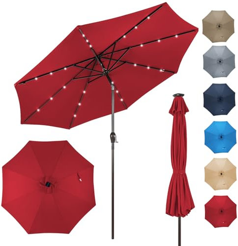 RELAX4LIFE Parasol Inclinable LED Dia.3M avec Éclairage Solaire, 8 Baleines, Inclinaison Réglables Parasol de Jardin Extérieur pour Balcon Terrasse Patio Café Bistro (Φ300x250cm,Rouge)