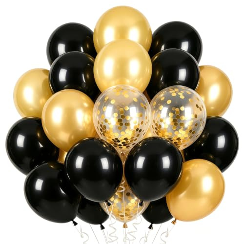 Luftballons Schwarz Gold 60 Stück，12 zoll Helium Ballons Schwarze Goldene, Golden Konfetti Luftballons,Geburtstags Deko Schwarz Gold Ballons für Hochzeit Abschluss Geburtstag Silvester Neujahr Deko