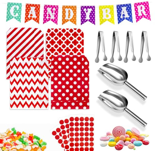 110 Stück Candy Bar Zubehör,Enthält 100 Candy Bar Tüten und 4 Zuckerzangen mit Runder Spitze, 2 Candybar Schaufel und 3 Aufkleberbögen Sowie 1 Farbe Candy Bar Deko Girlande, Geeignet für Partys(Rot)