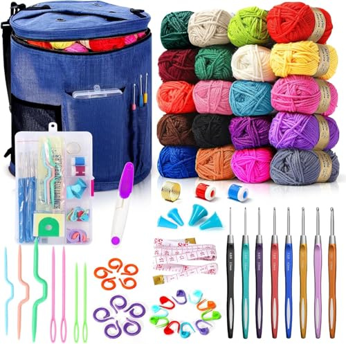 DoubleCare 75 Farben Häkelwolle Set, Große Stricktasche, 20 Garnfarben | komplettes Set Mit Strickzubehör Einschließlich Häkelnadeln, Maschenmarkierern, Maßband und Mehr, Anfänger Crochet