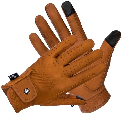 EQUESTRIAN QUEEN Reithandschuhe Leder Touchscreen – Atmungsaktive, natürliche Lederhandschuhe mit Verstärkung, Perfekter Grip & Touch-Funktion - Mauritius (Braun, S)
