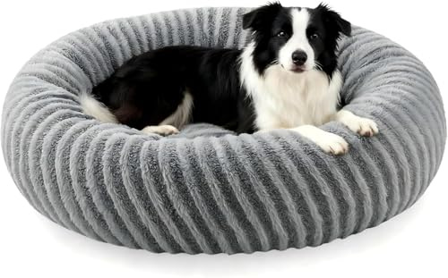 Pawk Hundebett Mittelgroße Hunde Rund, Donut Hundebett Waschbar, Kuscheliges Hundekorb Weich rutschfest, Kaninchenimitat-Plüsch & Teddy-Fleece Hundekorb, ø76 cm, Grau