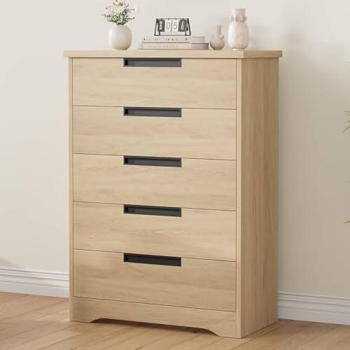 Thaookte Kommode Mit Fünf Schubladen, Holz-Aufbewahrungsmöbel Mit Eingelassenen Griffen, 112 cm Hoch Und 40 cm Breit, Wohnzimmer, Schlafzimmer, Flur, Schrank, Sideboard, Highboard, Naturholzfarbe