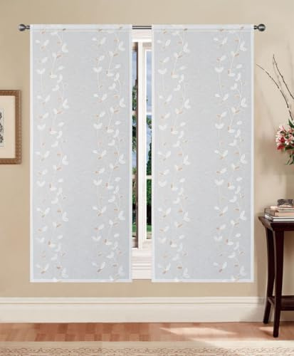 Tata Home Coppia Tende per Interni a Vetro Finestra Semitrasparenti Bianche Tende Cucina Bagno Camera Ricamate Fantasia con Foglie Misura 60x150 cm Mod. AUGUSTA B1 Colore Beige