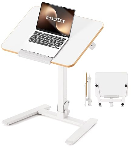 MAIDeSITe Fit Go Overbed Table with Wheels, Foldable Height Adjustable Desk | Reversible Top, Portable Small Side Table for Sofa Bedroom Living Room Office, Rolling Laptop Desk for Small Spaces