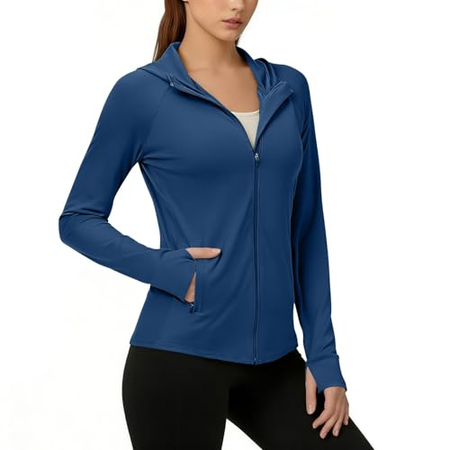 Damen Leichte Laufjacke UPF 50+ Sonnenschutz Sommerjacke Langarm UV Shirts Dünne Sommer Sportjacke Einfarbig Bequem Jacke mit Kapuze Taschen Laufshirt Full Zip Hoodie Trainingsjacke