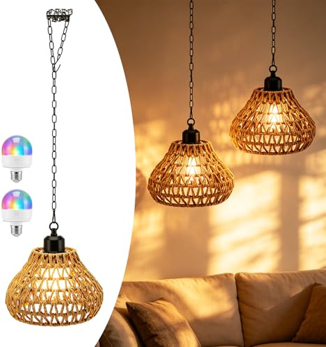 Battery Powered Outdoor Pendant Light, 2Pack Rattan Pendant Lamps Outdoor