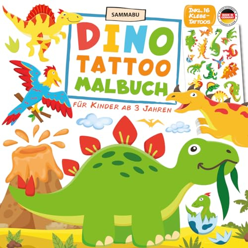 Dino Tattoo Malbuch für Kinder ab 3 Jahren: Mit hautfreundlichen Dinosaurier Kindertattoos Made in Germany