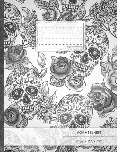 VOKABELHEFT DIN A4 • 50+ Seiten, Softcover, Register, Zweispaltig, Erfolgs-Tacker, Totenköpfe • Original #GoodMemos Schulheft • Fremdsprachen leicht lernen, Lineatur 53