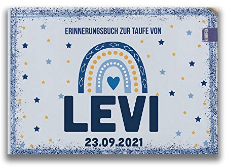 Rundfux Taufalbum mit Regenbogen Jungen (blau) | Personalisiert mit Wunschnamen und Taufdatum (Gold) auf dem Cover - Jedes Buch EIN Unikat