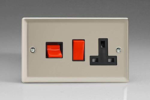 XN45PB - Varilight - Classic - Satin Chrome - 45 Amp Cooker Switch & 13 Amp Switched Plug Socket - Black Inserts