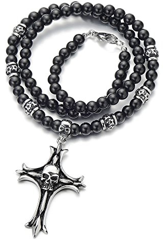 COOLSTEELANDBEYOND Biker Herren Schwarz Onyx Perlen Halskette mit Kreuz Schädel aus Edelstahl 71CM Lang