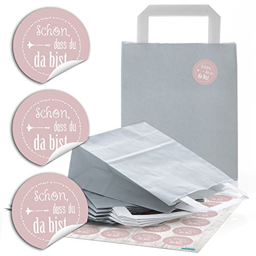 Logbuch-Verlag 24 grau silber rosa SCHÖN DASS DU DA BIST Papiertüte Aufkleber Geschenktüte give-away Weihnachten Dankeschön Geschenk Verpackung