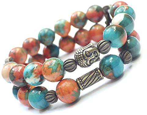 Armband multi Reihen Boho Gipsy weiße Jade getönt braun, orange und blau