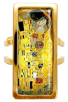 Bague rectangle le baiser gustave Klimt cabochon bijou fantaisie acier inoxydable jaune