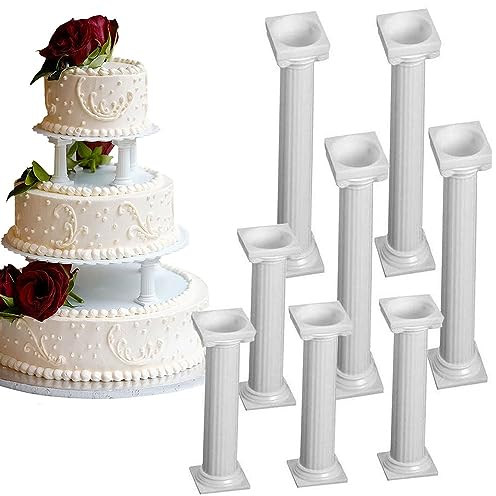 Voarge Set of 8 White Small and Large Plastic Cake Pillars Roman Column Plastic Cupcake Stand Cookies Tray Column Stand Wedding Birthday Decoration Tool