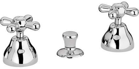 Rubinetto batteria bidet 3 fori con manopole a stella stile classico e retrò. Miscelatore bagno Completo di piletta con scarico automatico. Bide tre fori