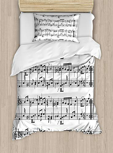 ABAKUHAUS Musik Bettbezug Set Einzelbett, Hinweise zum Clef, Top Qualität Weich und Warm 3 Teiligen Bettbezug mit 2 Kissenbezüge, Weiß und Schwarz