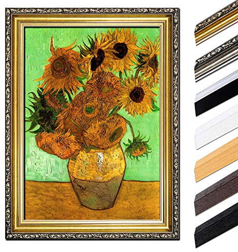 Bilderdepot24 Bild mit Rahmen - Vincent van Gogh Zwölf Sonnenblumen 60x80 cm - Gerahmtes Leinwandbild Alte Meister - Antiker Rahmen Gold Barock, Klassisch