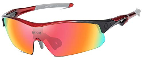 DUCO Fahrradbrille Herren und Damen Sportbrille Outdoor Sonnenbrille für Sportler mit 5 austauschbare Gläser UV400 0020 (ROT)