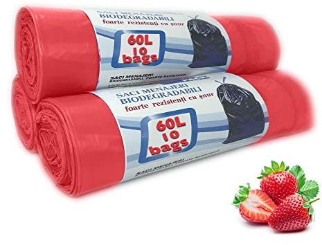 60 Litre Bin Liners Strawberry Scented Bin Bags Set 3 Rolls Counts 30 Bags, Trash Bags for Kitchen, Office, Strong Waste Bags, Swing Bin Liners Kitchen Bin