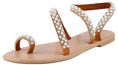 TOPEREUR Damen Sandalen Sommer Flach Sandaletten mit Strass Perlen Frauen Strand Boho Zehentrenner
