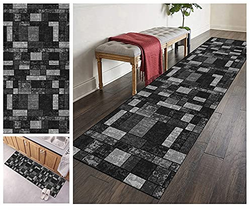 ZVEZVI Teppich Läufer Flur Küche rutschfest Waschbar Grau 80X300CM Vintage Meterware, Teppichläufer Kücheläufer Polyester Anpassbar