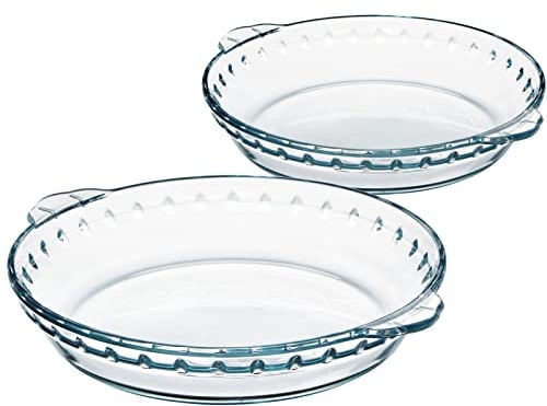 NUTRIUPS 25cm Pie Dishes, 9.5 inch Glass Flan Dish, 2pcs Round Glass Bake Pie Plate with Handle, Pie Serving Dish, Glass Baking Dish High Heat Resistance, Glass Baking Tins for Cake, Pie, Tart, Flan