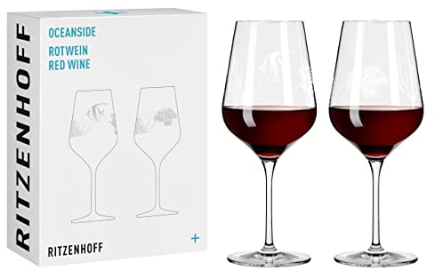 RITZENHOFF 3811001 Rotweinglas 500 ml - 2er Set - Serie Oceanside Nr. 1, 2 Stück mit Fischmotiv - Made in Germany