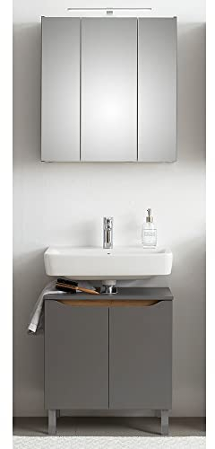 Lomadox Badezimmer Waschplatz Set mit Spiegelschrank in Quarzgrau Matt Touch mit Riviera Eiche Nb., B/H/T ca. 65/190/33 cm
