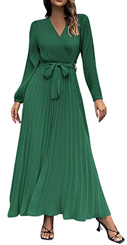 Abendkleid Damen Lang Elegant V Ausschnitt Langarm Freizeitkleider Hohe Taille Maxikleid Casual Lose Einfarbig Faltenrock Langes Kleid Bodenlang Kleid Swing Kleid mit Gürtel(A Grün,XL)