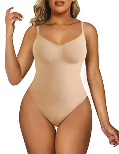 SHAPERX Body Gainant Femme Gaine Amincissant Ventre Plat Sculptant Minceur Shapewear Invisible Bodysuit Top, UK-SZ5213-Beige-2XL/3XL