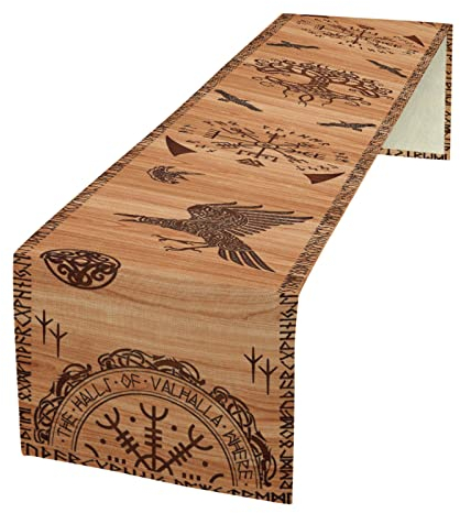 kikomia Baumwolle Leinen Tischläufer Rechteckige Wikinger Rabe Baum des Lebens Tischdecke für Hochzeit Urlaub Heimdekoration Wikinger Dekorativ Abdeckung Tischplatte (33×274cm, Wooden)