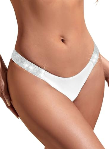 EVELUST Sexy Damen-Höschen mit Strass, niedlicher Glanzriemen, G-String, Tanga, Dessous, Nieten, brasilianische Höschen, nahtlose Unterwäsche, Weiss/opulenter Garten, L