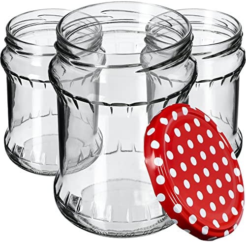 KADAX Bocaux de 500 ml, Pots en Verre avec Couvercle Hermétique de 82mm pour la Conservation des Aliments, Idéals pour Confitures et Miel (Points Rouges, Lot de 48)