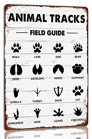 Animal Tracks Field Guide Blechschild Rustikale Tierspuren Kunst Wanddekoration für Landhaus Wald Thema Haus Bauernhaus Hütte Metallschilder für Baby Zuhause Badezimmer Schlafzimmer 20,3 x 30,5 cm