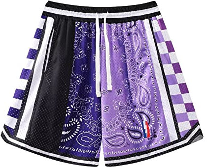 BOOMLEMON Herren Basketball Shorts Workout Athletic Paisley Shorts Mesh Print Running Short Pants, Schwarz & Blau & Lila, Mittel