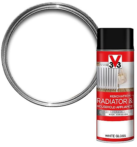 V33 Renovation Radiator & Household Appliance Paint - Direct to Metal & PVC - High Adhesion - Resistance To Temperature Variations - Spray - White Gloss 400ml