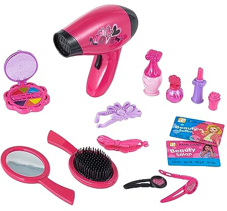 Baroni Toys Kit Parrucchiera Giocattolo per Bambina 14 Accessori, Gioco Set Acconciature Phon Specchio Spazzola Trucchi per Bambine, Set da Gioco Parrucchieri per Bambini 3 4 5 6 7 Anni