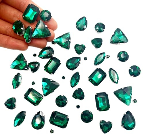 Yixinly 236 Stück Strasssteine zum Aufnähen, 7 Formen von Strasssteinen Metall Krappenfassung Glas Nähen Edelsteinefür DIY-Bastelkleidung, Kleidungs, Schuhe, Taschen (Pfauengrün)