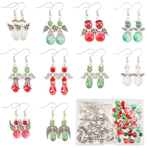 SUNNYCLUE 1 Box DIY 10 Pairs Christmas Earrings Set Beading Guardian Angel Charms Red Green Glass Crystal Beads Angel Wing Bead Crackle Xmas Loose Spacer Beads for Jewellery Making Kits Adult Women