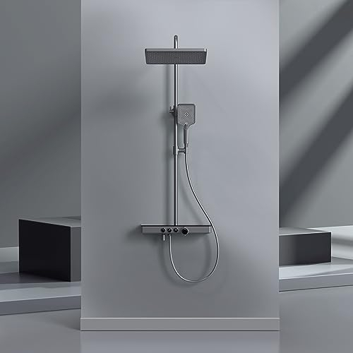 EMKE Duschsystem mit Thermostat Regendusche Duschset, Regendusche mit Armatur,Duschsystem mit 45cm Thermostatische Platte, Handbrause 3 Strahlarten, Duschamaturenset, Anthrazit Matt