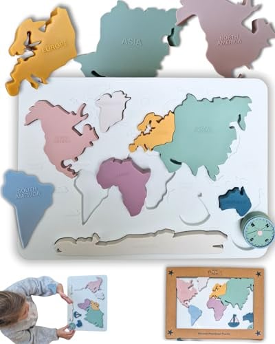 Budhi Budha Montessori-Spiele 3 Jahre & mehr - Puzzle Weltkarte – Silikonpuzzle – Kontinente & Weltmeer, Lernspielzeug – Kindergarten Lernspiele – Lernen durch Spielen