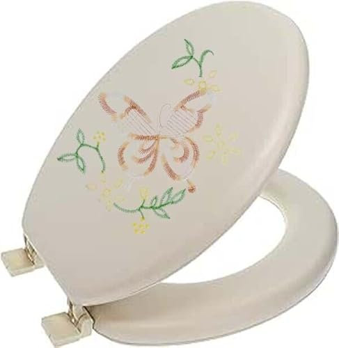 MAXPERKX 17 Embroidery Soft Cushion Toilet Seat Padded Foam Butterfly Adult Bathroom WC Soft Close Hygiene Sanitary Antimicrobial Toilet Seat (Cream)