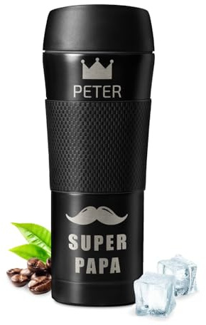 Maverton Kaffeebecher mit Gravur 450 ml, Reisebecher mit Anti-Rutsch-Griff | Und Quick-Press-Verschluss, Thermobecher Edelstahl auslaufsicher 100% dicht, für Männer zum Geburtstag, schwarz, Papa