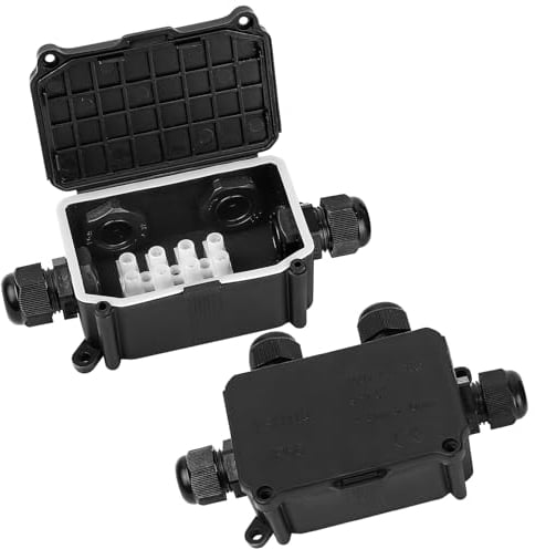 2 Stk. IP66 wasserdichte Anschlussdose, 4 Wege Außenkabel Verbinder Verteilerdose, schwarze Verlängerungskabel Abzweigdose mit PG9-Verschraubungen für Ø4mm-8mm Ø6mm-10mm Kabelkabel