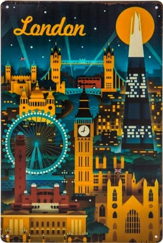 Historisches Retro Vintage Blechschild mit Souvenir Reisemotiv, Ferien, Abenteuer, Urlaub Deko Schild, 30 x 20 cm (London, England)