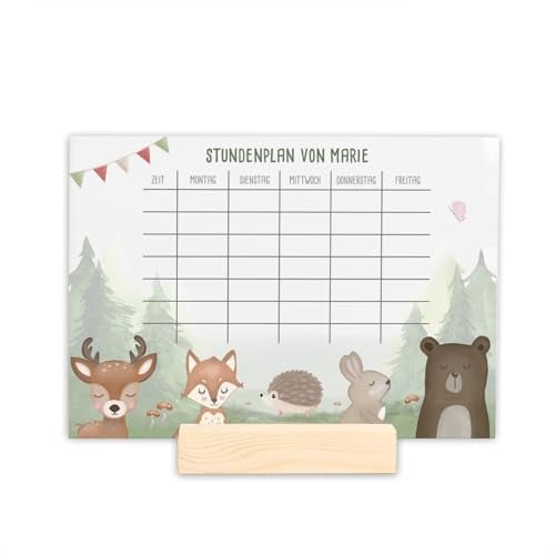Stundenplan mit individuellem Motiv & Namen, abwischbar, Geschenk zur Einschulung - optionaler Holzaufsteller, DIN A4 mit Stift (Waldtiere weiß)